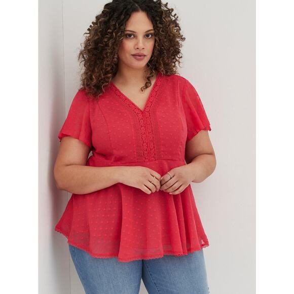 Torrid Womens Blouse 2 2X 18 20 Viva Magenta Peplum Chiffon Clip Dot Lace Inset - Picture 2 of 9